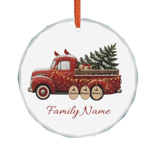 Personalized Red Vintage Truck Glass Ornament — Custom Family Name Christmas Decoration