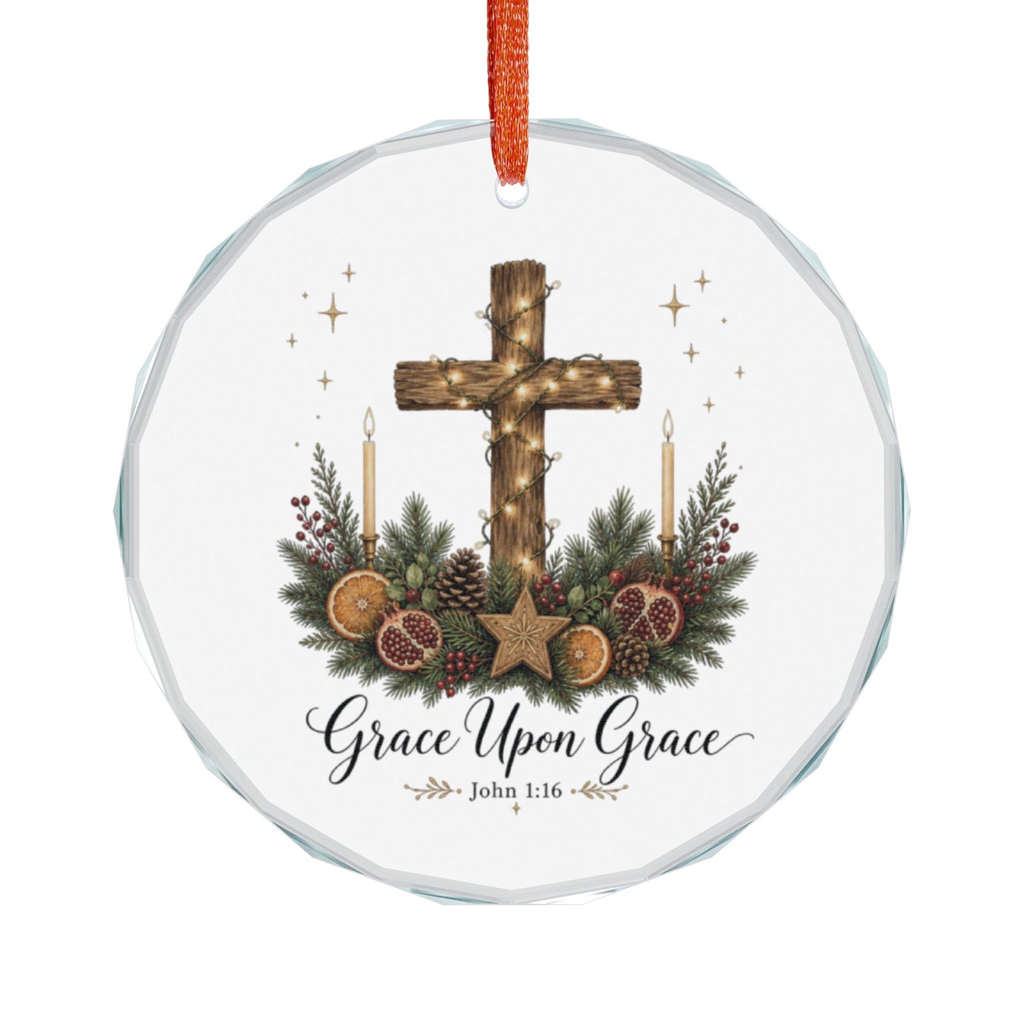 Glass Ornament — "Grace Upon Grace" Christmas Cross Holiday Ornament
