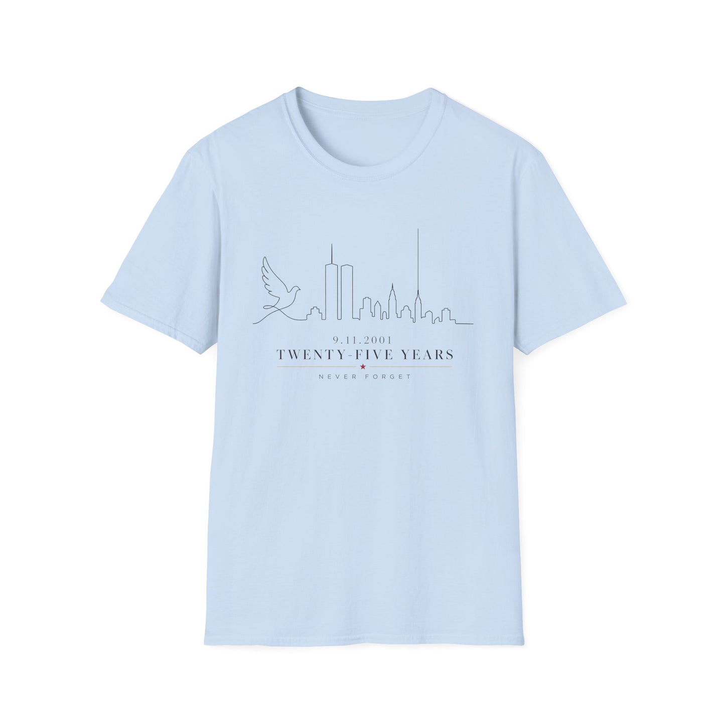 9-11 Memorial T-Shirt — Twenty Five Years NYC Skyline & Dove Commemorative Tee