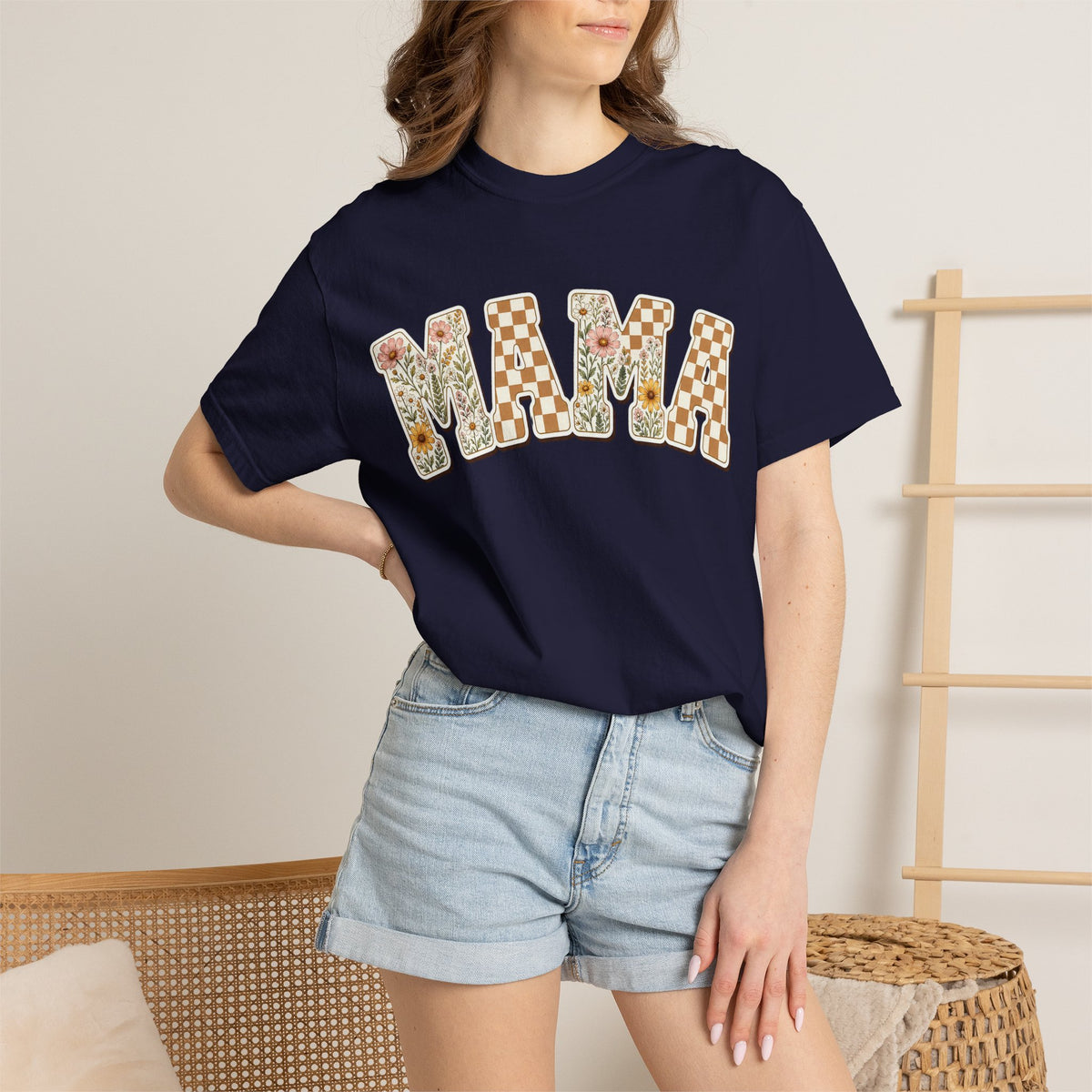 Mama Floral Checkerboard T-Shirt — Retro Mom Graphic Tee