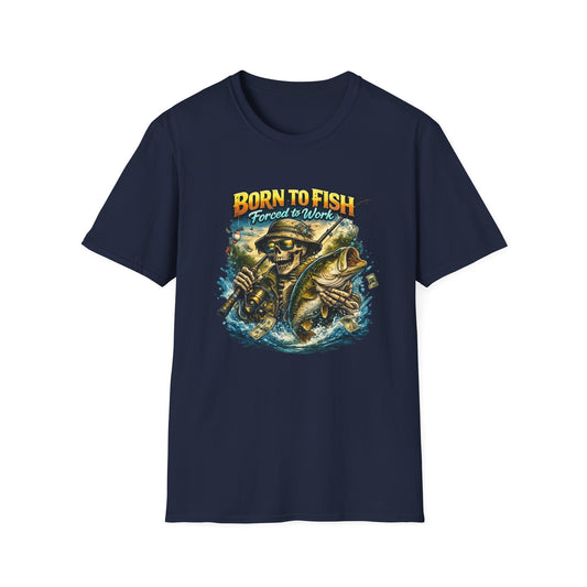 Born to Fish T‑Shirt — "Forced to Work" Fishing Skull Graphic Tee