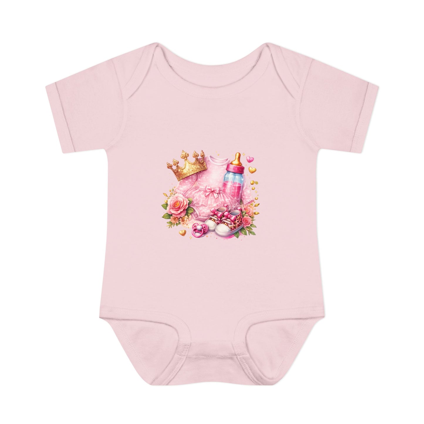 Baby Bodysuit – Pink Princess Crown & Bottle Floral Newborn Onesie