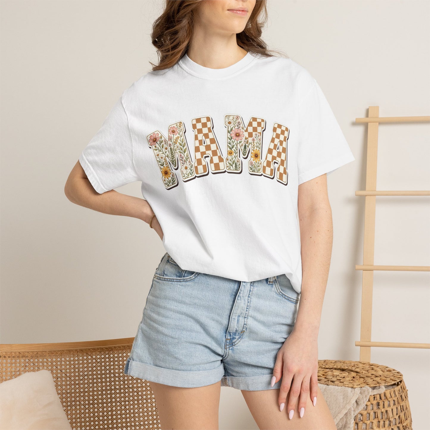 Mama Floral Checkerboard T-Shirt — Retro Mom Graphic Tee