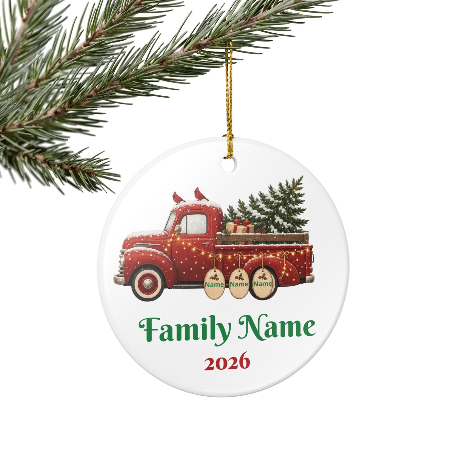 Personalized Red Truck Christmas Ornament — Family Name & 2026 Ceramic Decoration