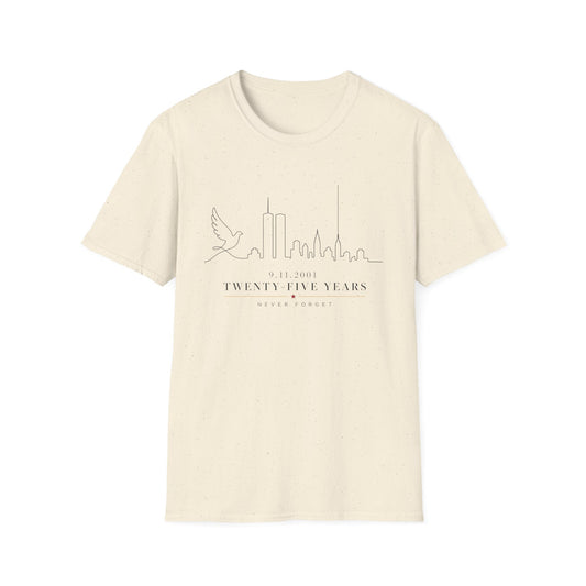 9-11 Memorial T-Shirt — Twenty Five Years NYC Skyline & Dove Commemorative Tee
