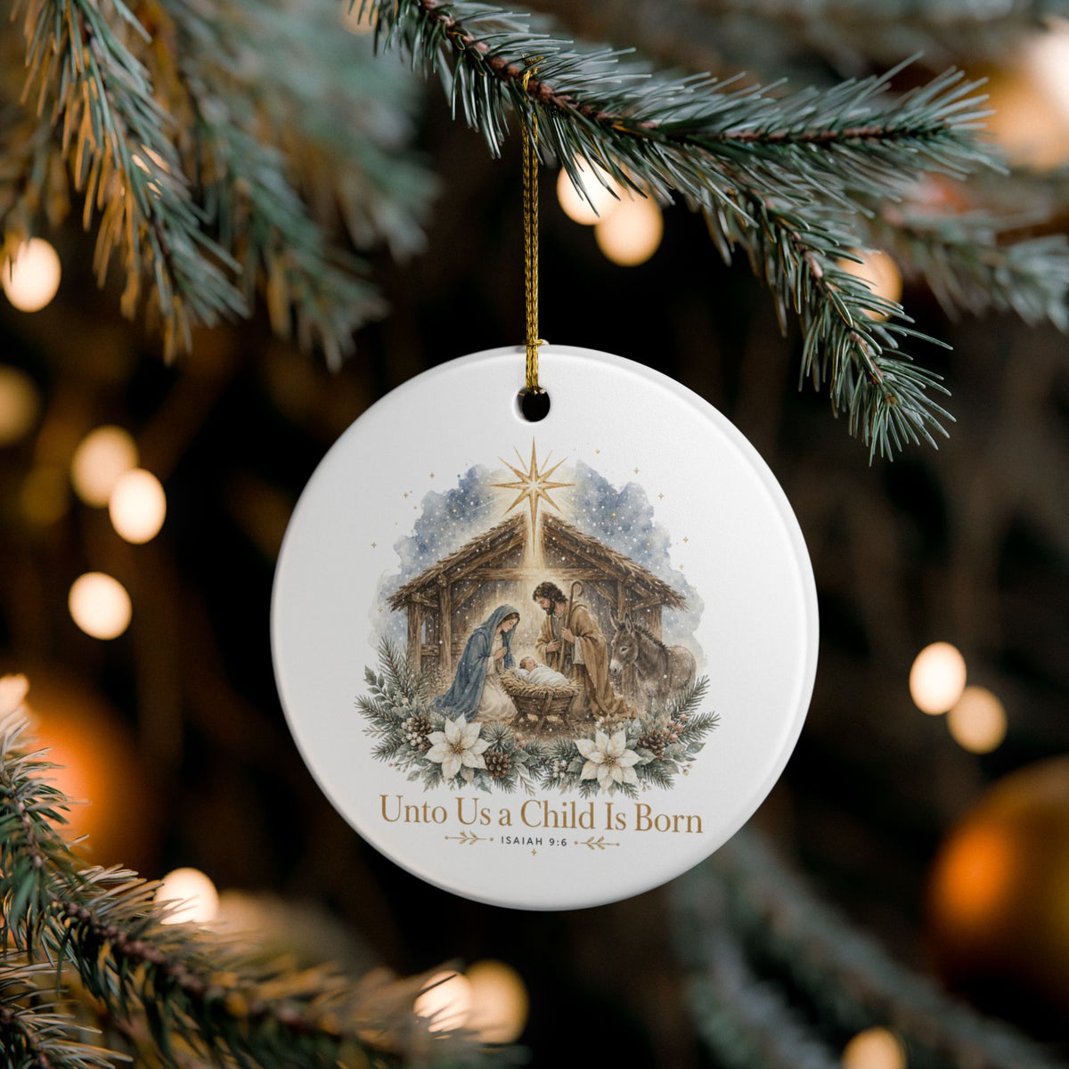 Nativity Ceramic Ornament — "Unto Us a Child Is Born" Christmas Decoration