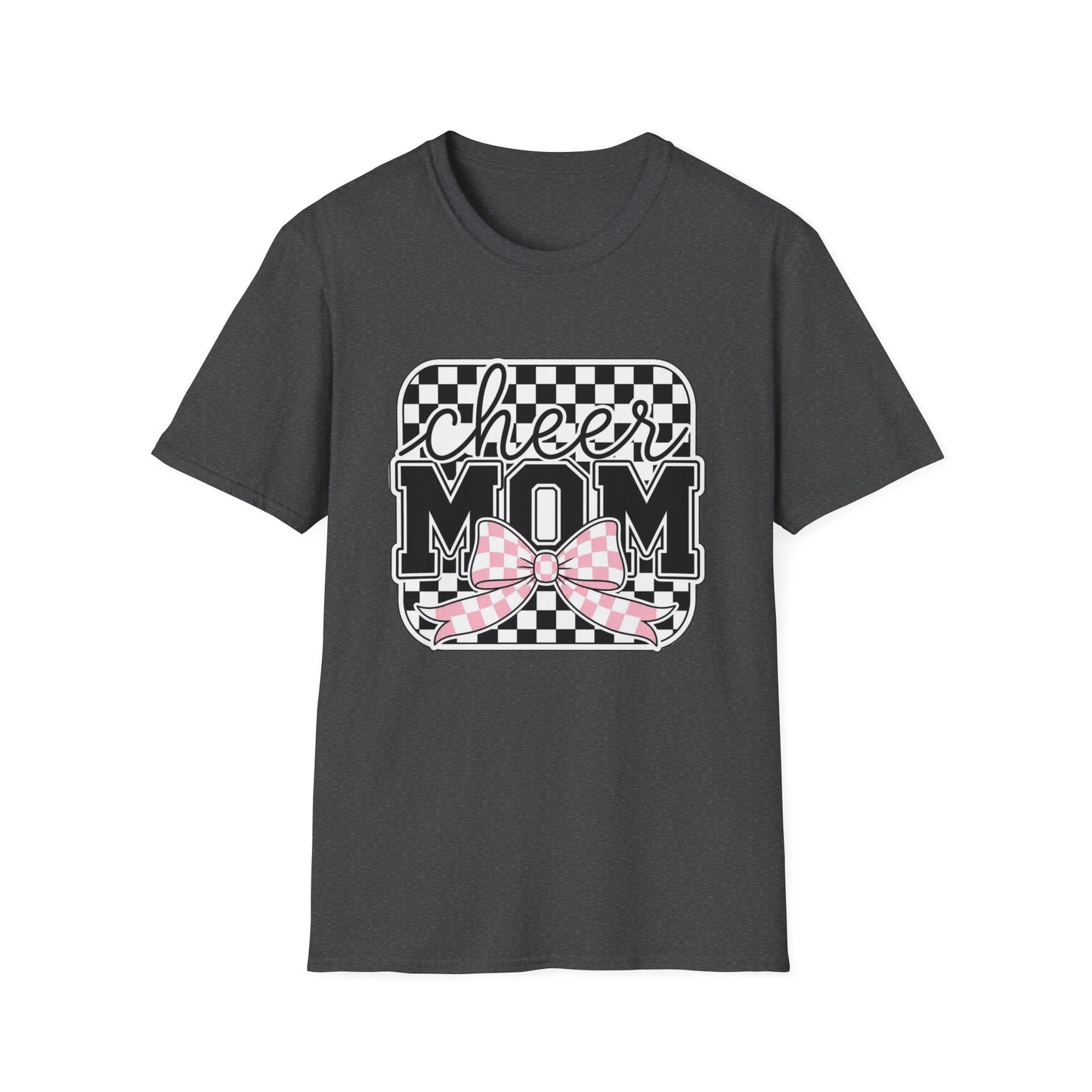 Cheer Mom T‑Shirt — Checkerboard Design with Pink Plaid Bow