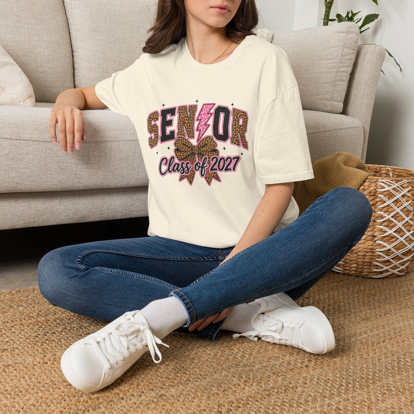 Senior Class of 2027 Tee — Leopard Print & Pink Lightning Graduation Shirt