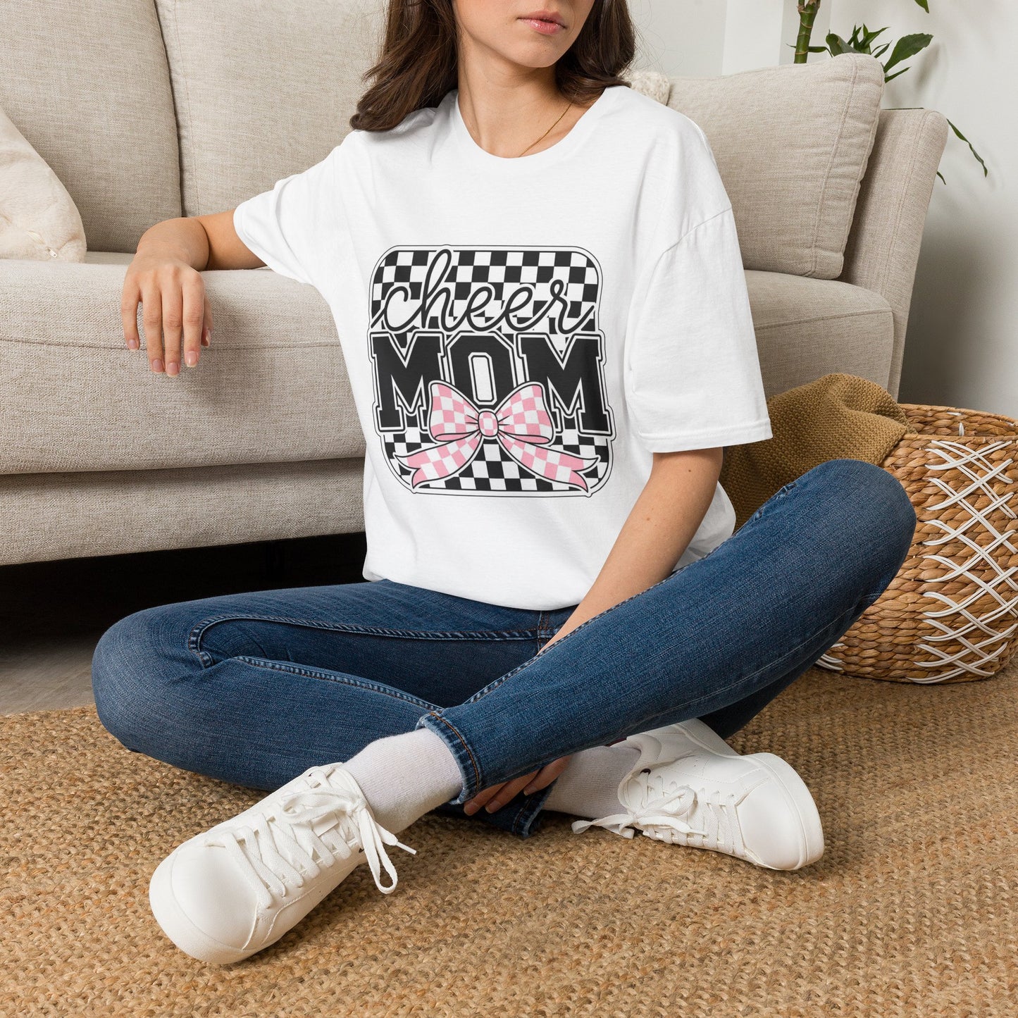 Cheer Mom T‑Shirt — Checkerboard Design with Pink Plaid Bow