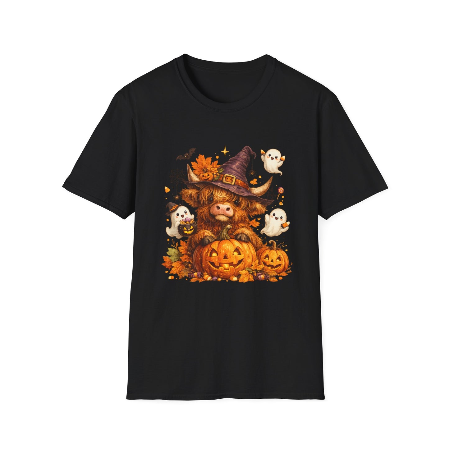 Halloween Highland Cow T-Shirt — Cute Cow in Witch Hat with Pumpkins & Ghosts
