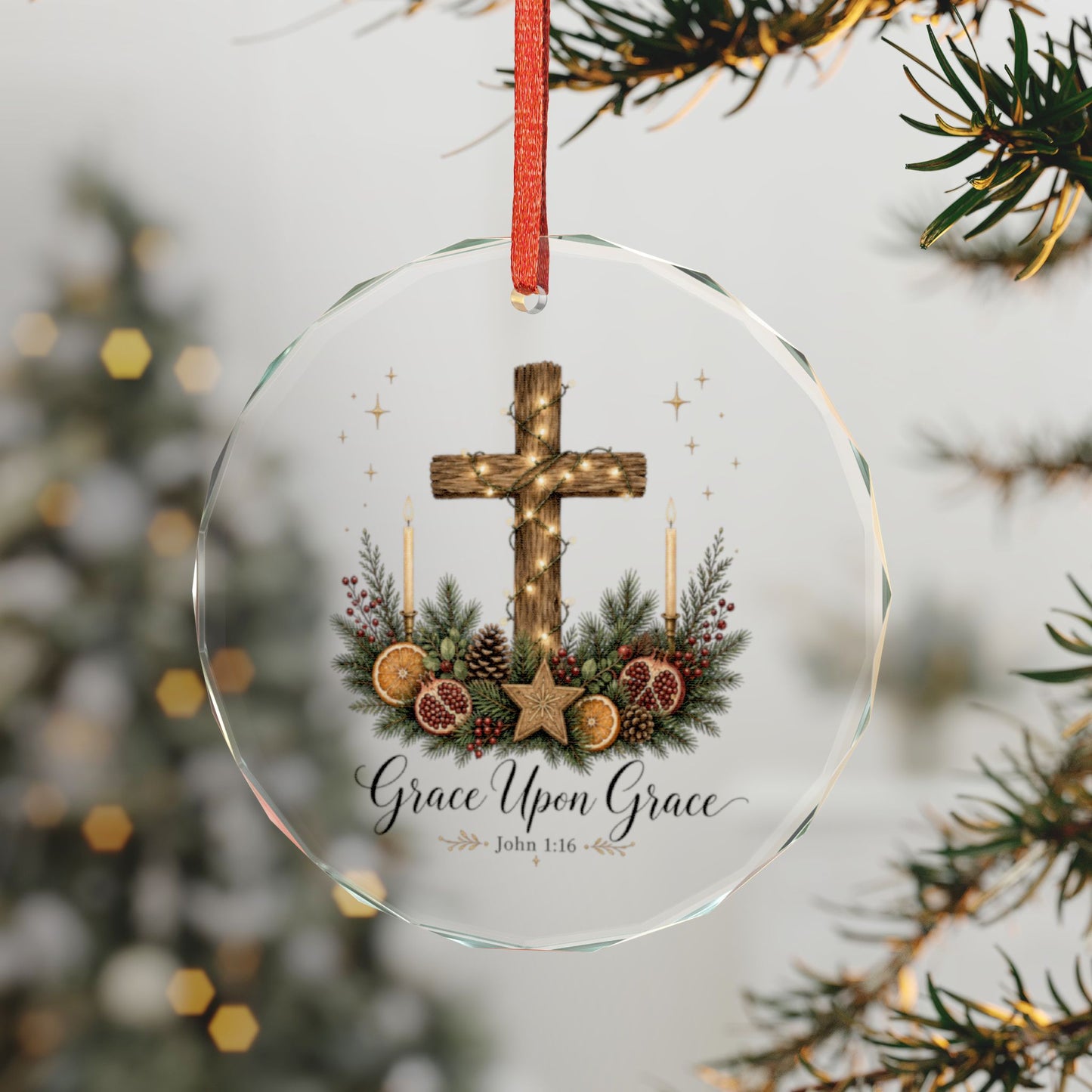 Glass Ornament — "Grace Upon Grace" Christmas Cross Holiday Ornament