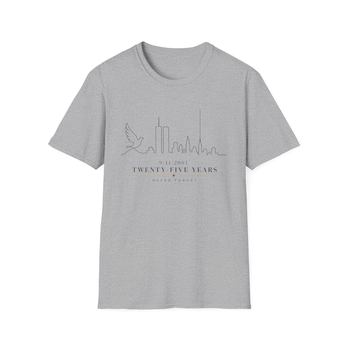 9-11 Memorial T-Shirt — Twenty Five Years NYC Skyline & Dove Commemorative Tee