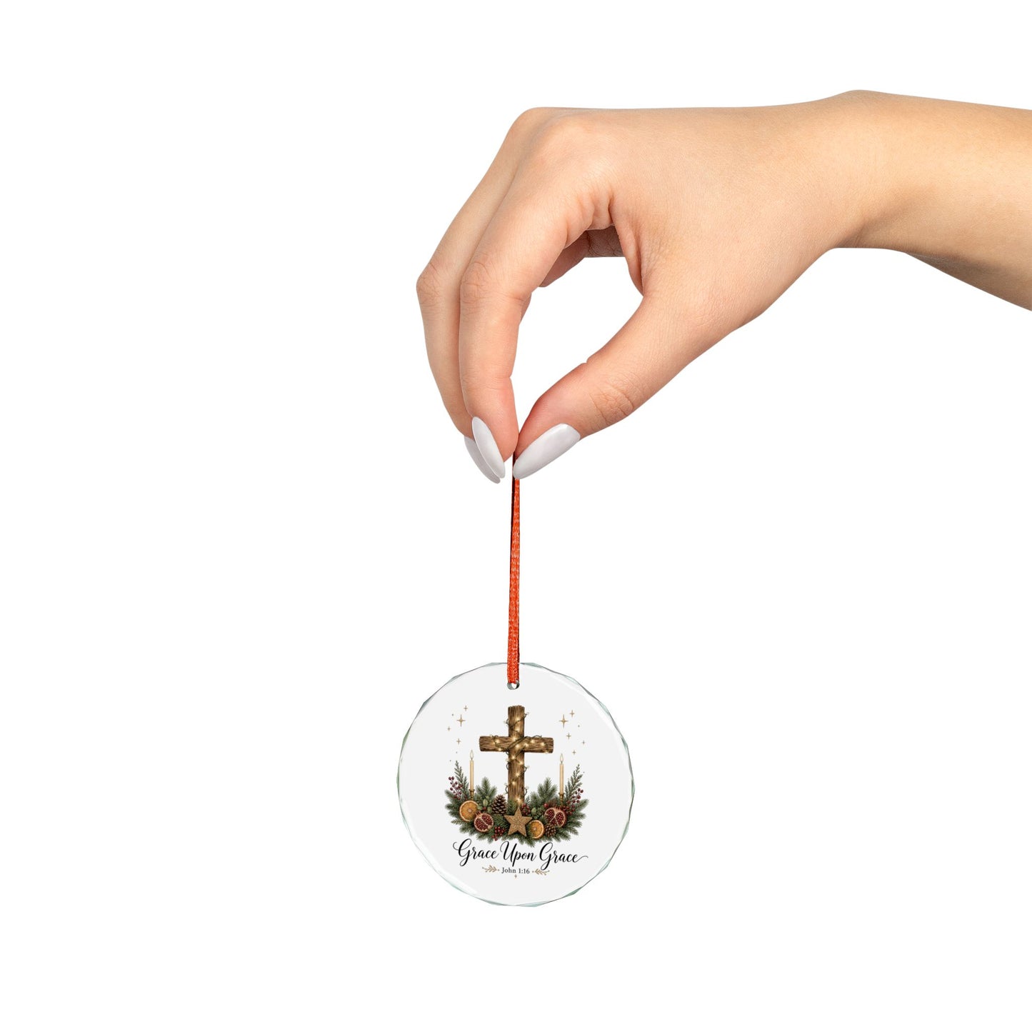 Glass Ornament — "Grace Upon Grace" Christmas Cross Holiday Ornament