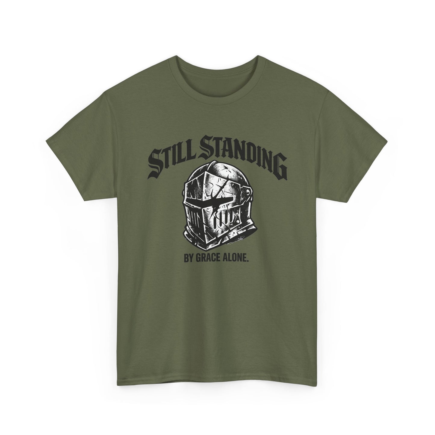 Still Standing Helmet Graphic Tee — "By Grace Alone" Inspirational Knight T‑Shirt