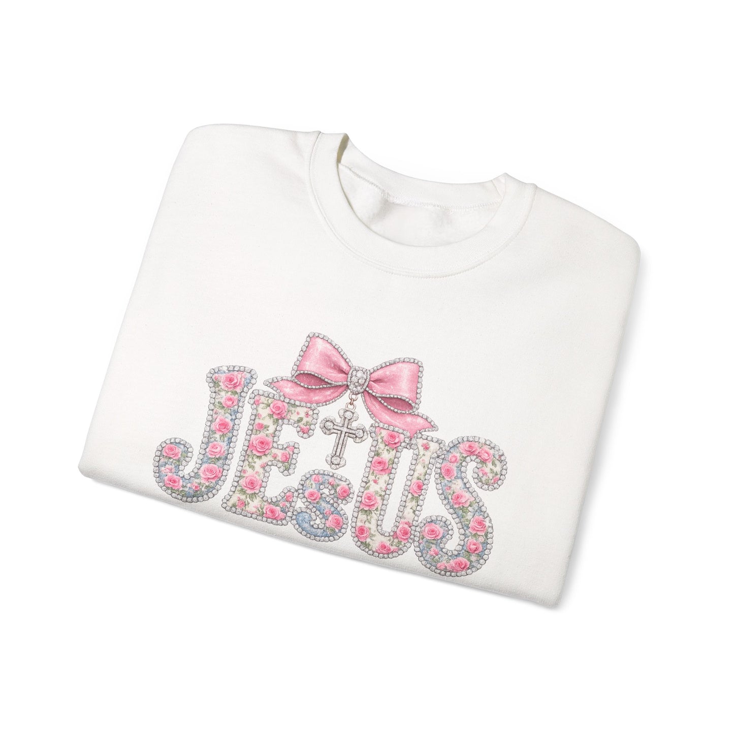 Jesus Floral Bow Crewneck Sweatshirt — Pink Cross Faith Graphic