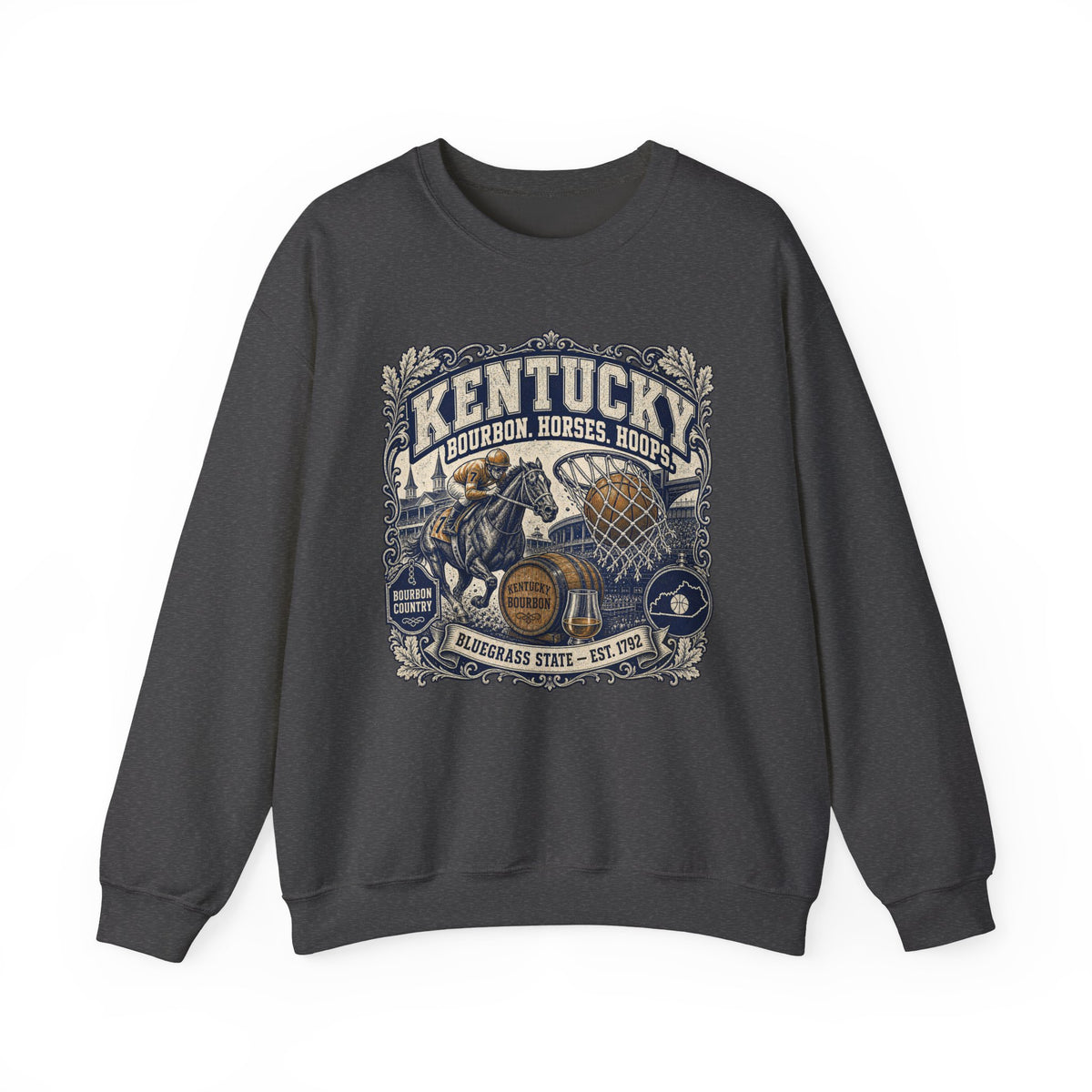 Kentucky Bourbon & Horses Crewneck Sweatshirt — Bluegrass State Graphic Sweatshirt