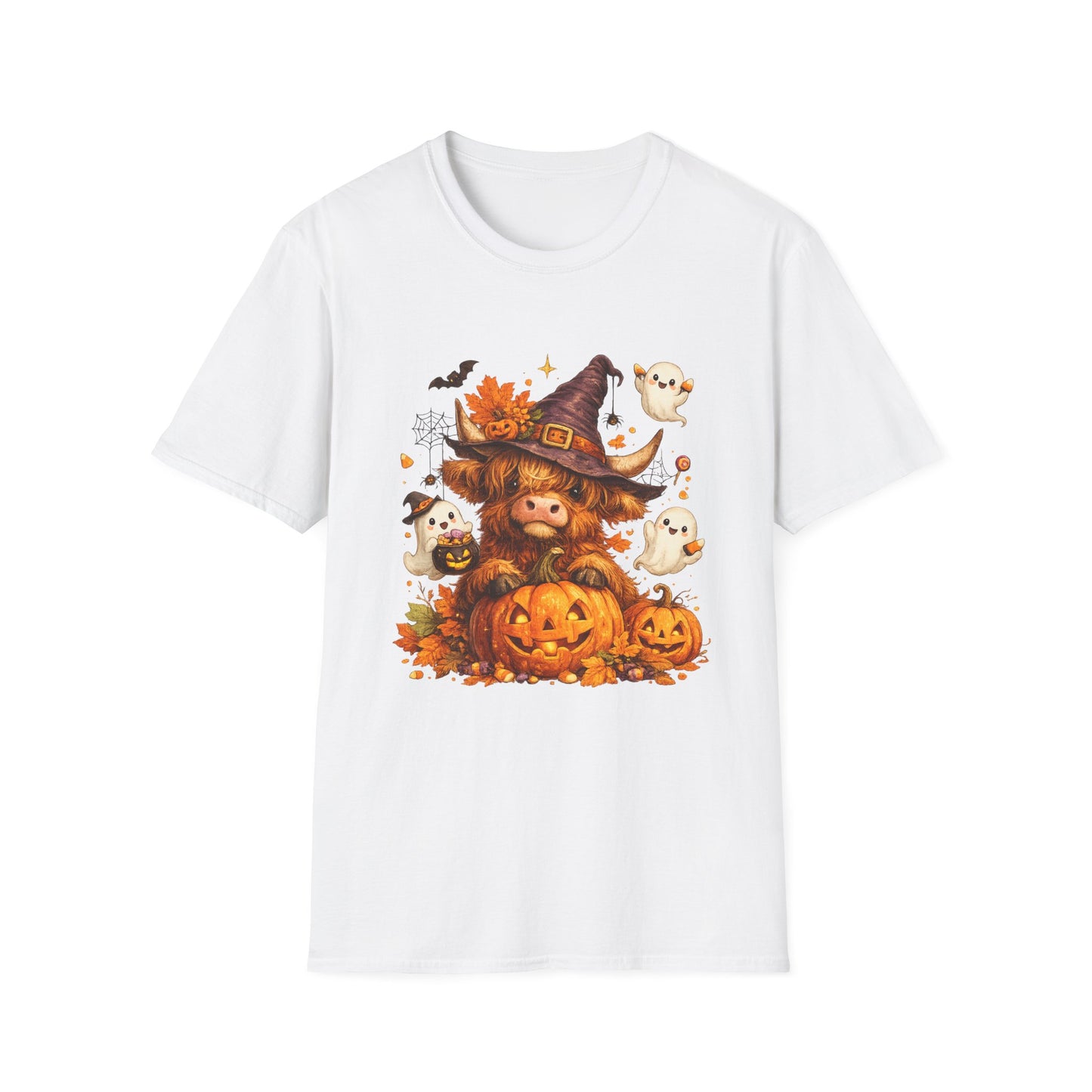 Halloween Highland Cow T-Shirt — Cute Cow in Witch Hat with Pumpkins & Ghosts