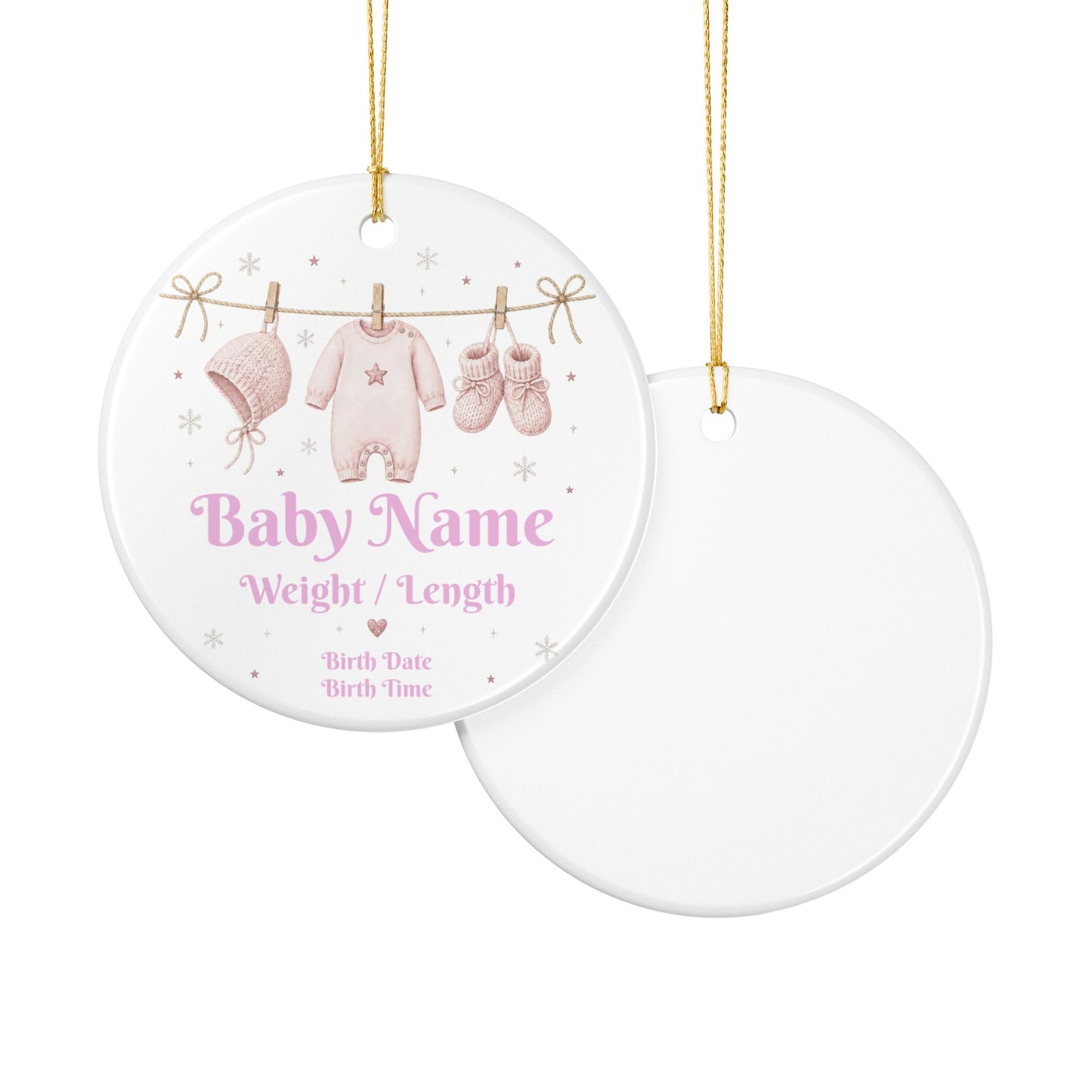 Personalized Baby Ornament — Pink Newborn Keepsake (Name, Weight, Length, Birth Date & Time)