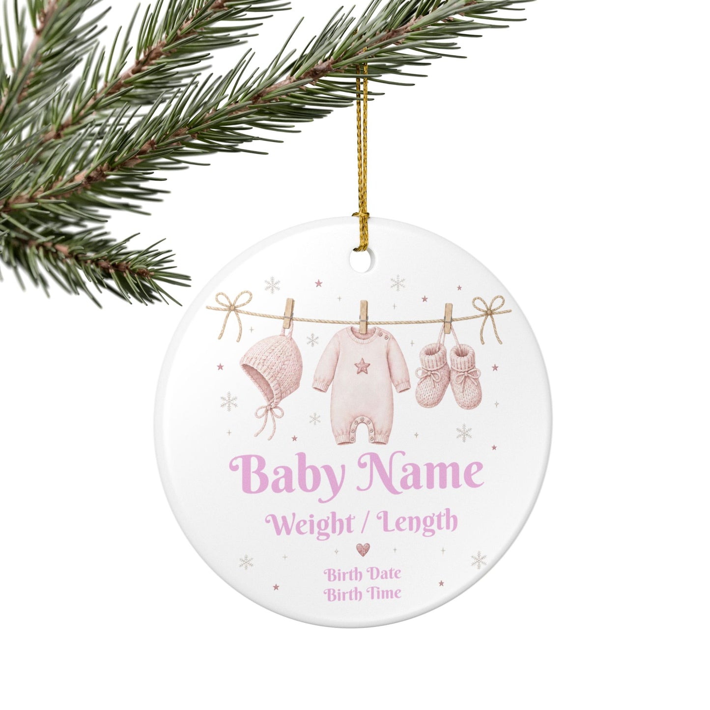 Personalized Baby Ornament — Pink Newborn Keepsake (Name, Weight, Length, Birth Date & Time)