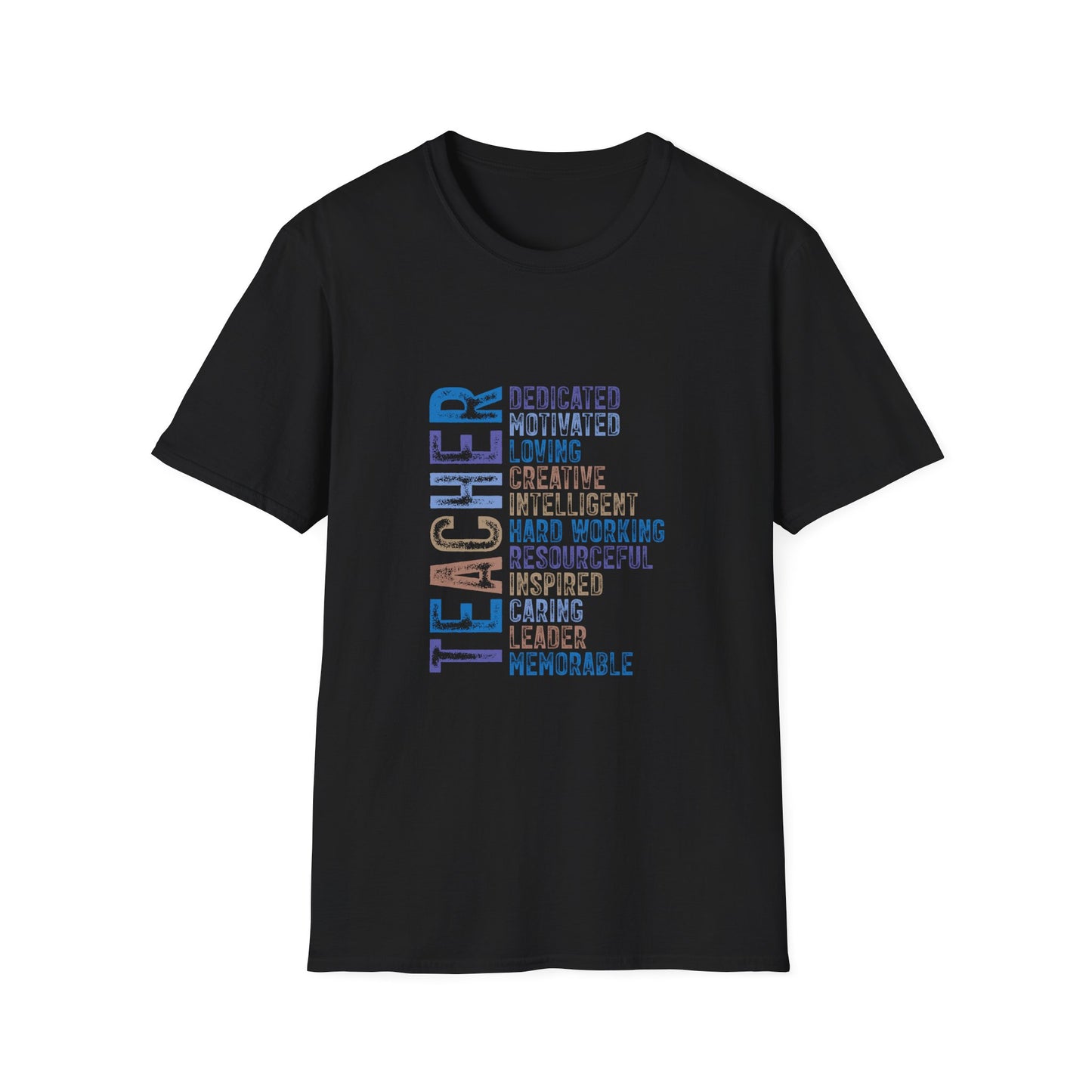 Teacher Vertical Word Cloud T-Shirt — 'Teacher: Dedicated, Motivated, Loving, Creative, Intelligent, Hard Working'