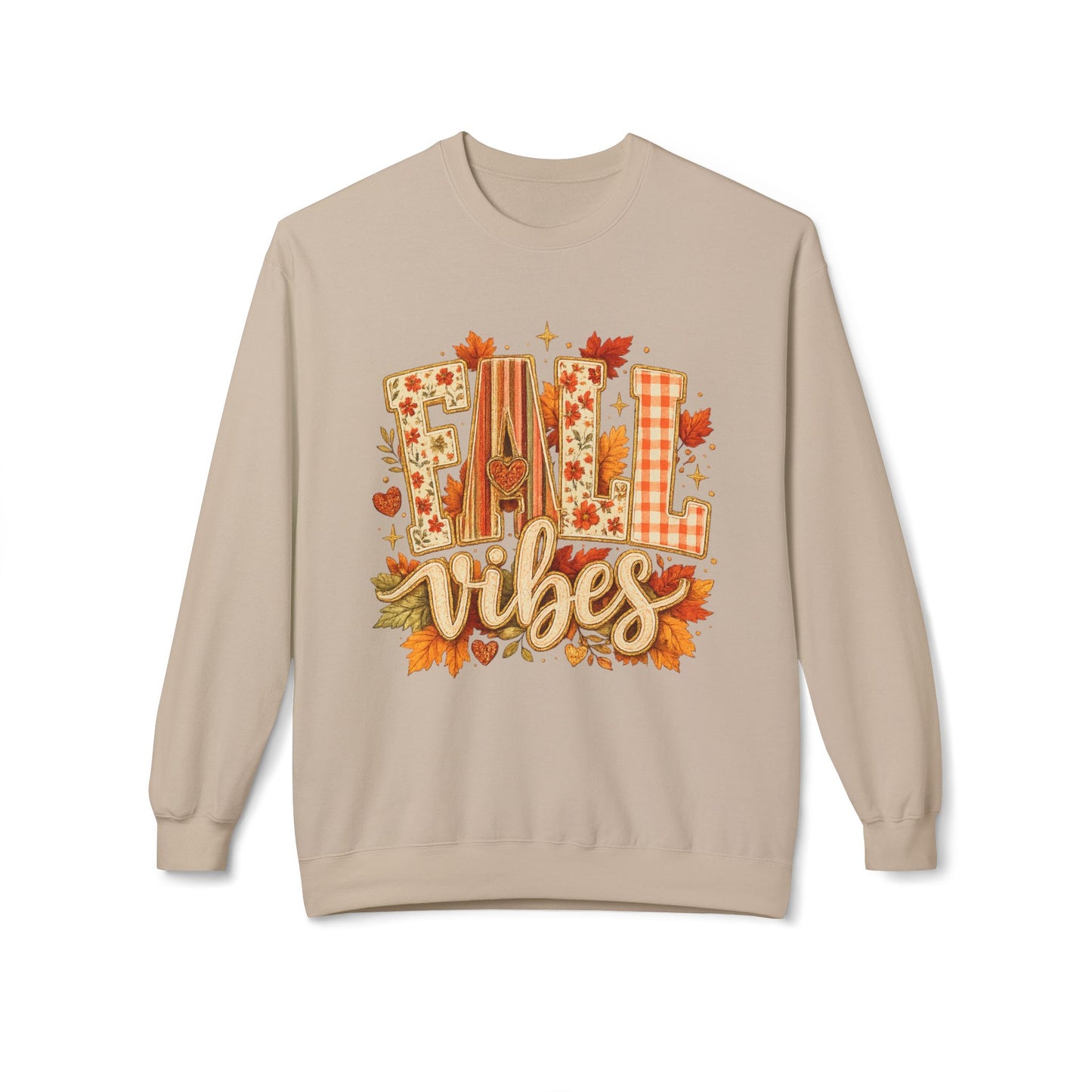 Fall Vibes Crewneck Sweatshirt - Autumn Leaves Plaid Cozy Pullover