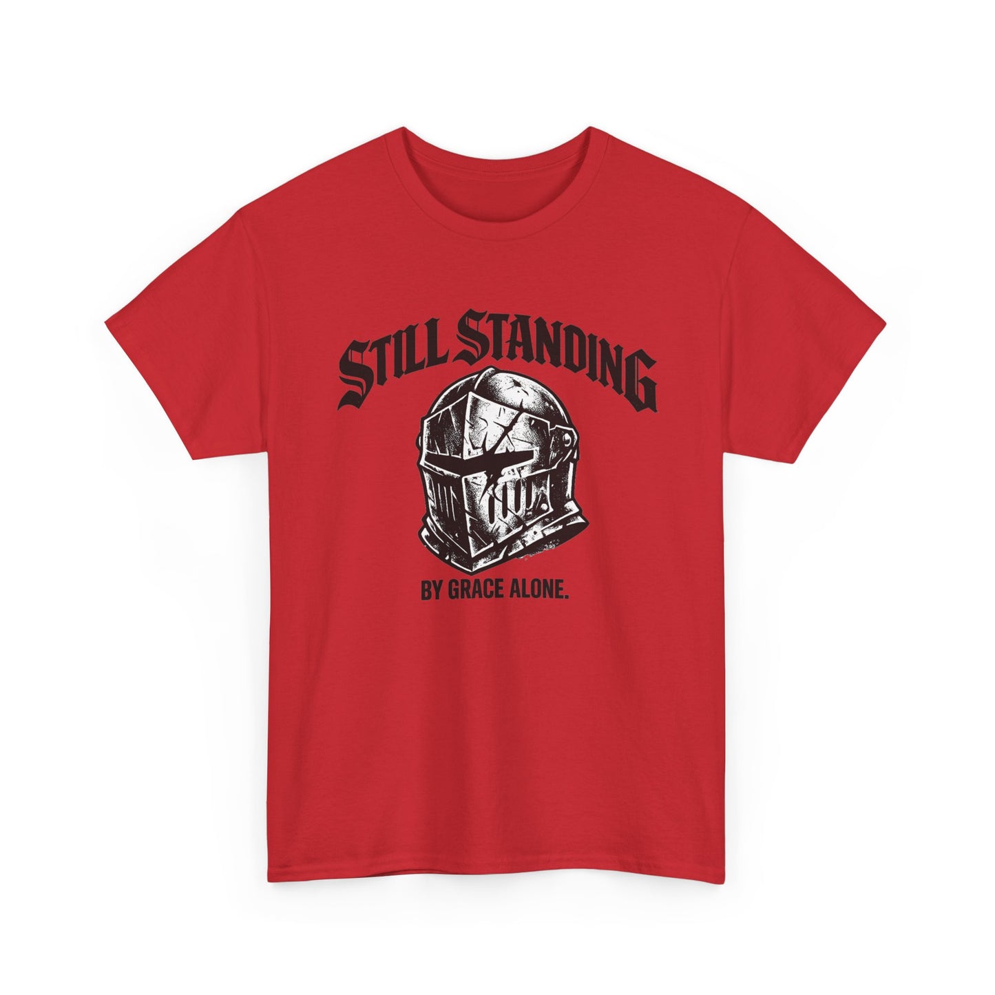 Still Standing Helmet Graphic Tee — "By Grace Alone" Inspirational Knight T‑Shirt