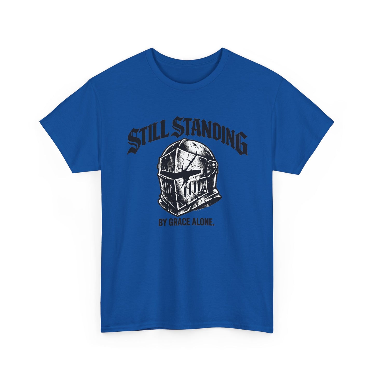 Still Standing Helmet Graphic Tee — "By Grace Alone" Inspirational Knight T‑Shirt