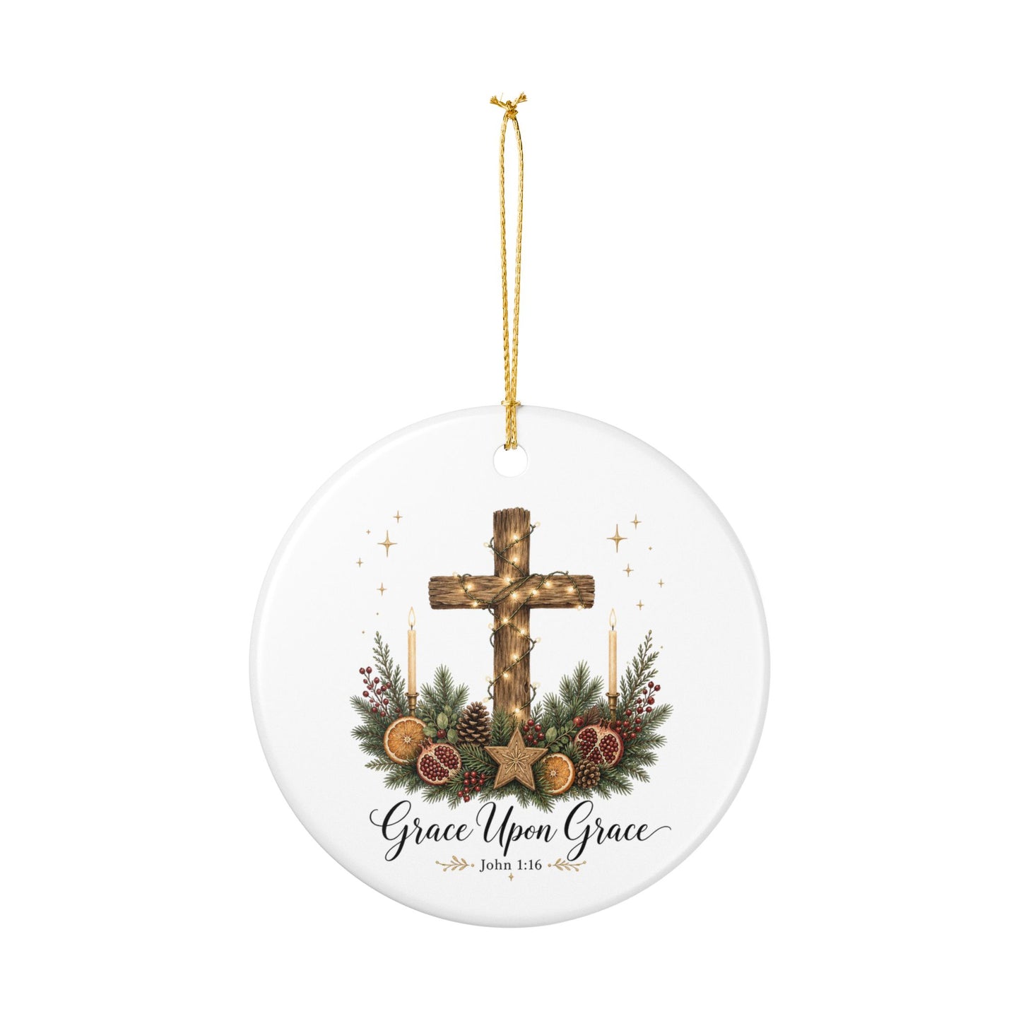 Grace Upon Grace Ceramic Ornament — Christian Cross Christmas Decoration (John 1:16)