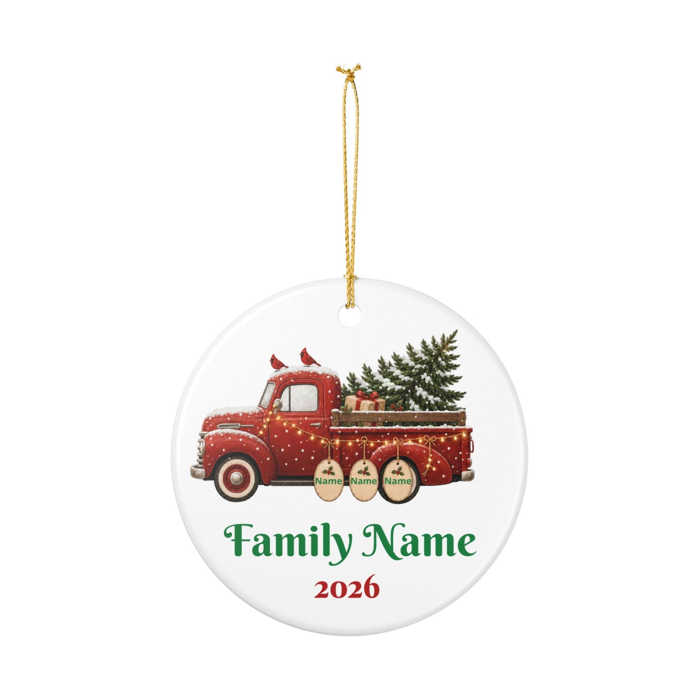 Personalized Red Truck Christmas Ornament — Family Name & 2026 Ceramic Decoration