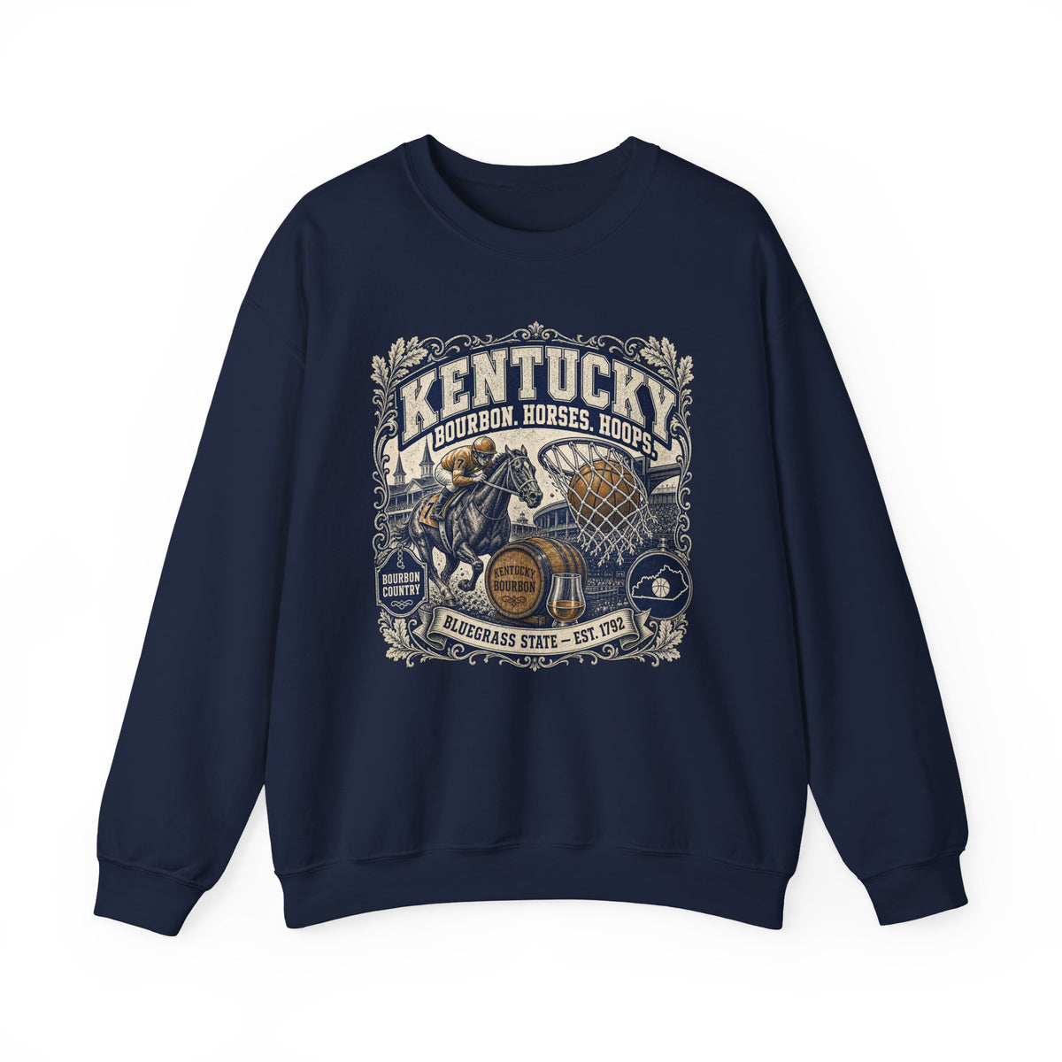 Kentucky Bourbon & Horses Crewneck Sweatshirt — Bluegrass State Graphic Sweatshirt