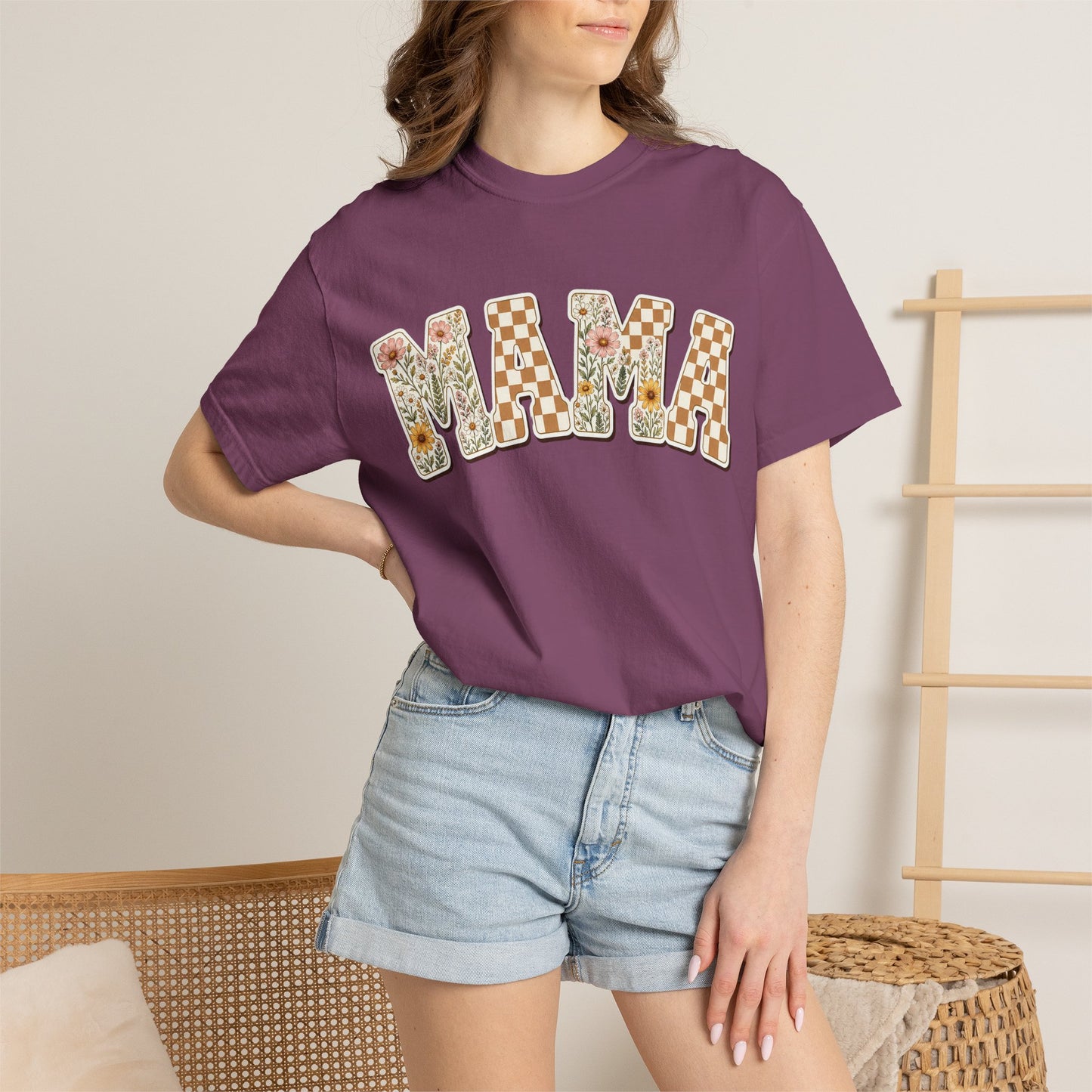 Mama Floral Checkerboard T-Shirt — Retro Mom Graphic Tee