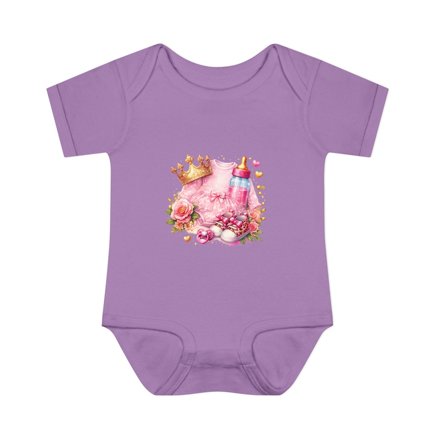 Baby Bodysuit – Pink Princess Crown & Bottle Floral Newborn Onesie