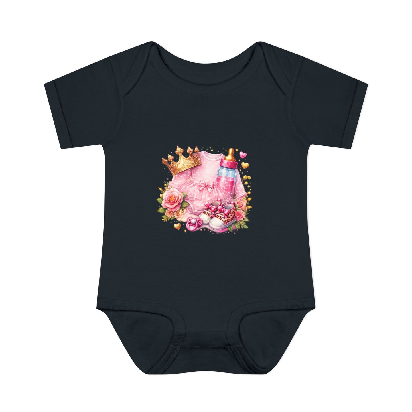 Baby Bodysuit – Pink Princess Crown & Bottle Floral Newborn Onesie