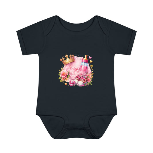 Baby Bodysuit – Pink Princess Crown & Bottle Floral Newborn Onesie