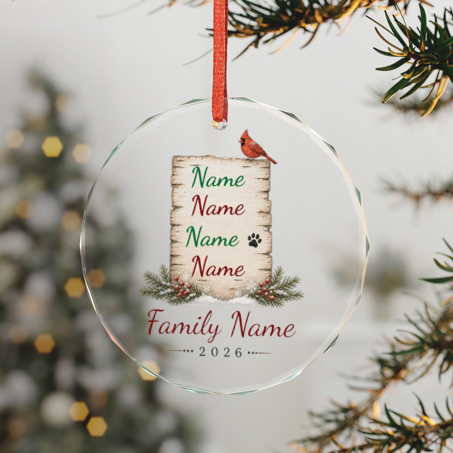 Personalized Family Glass Ornament – Custom Names & Year (Cardinal Design)