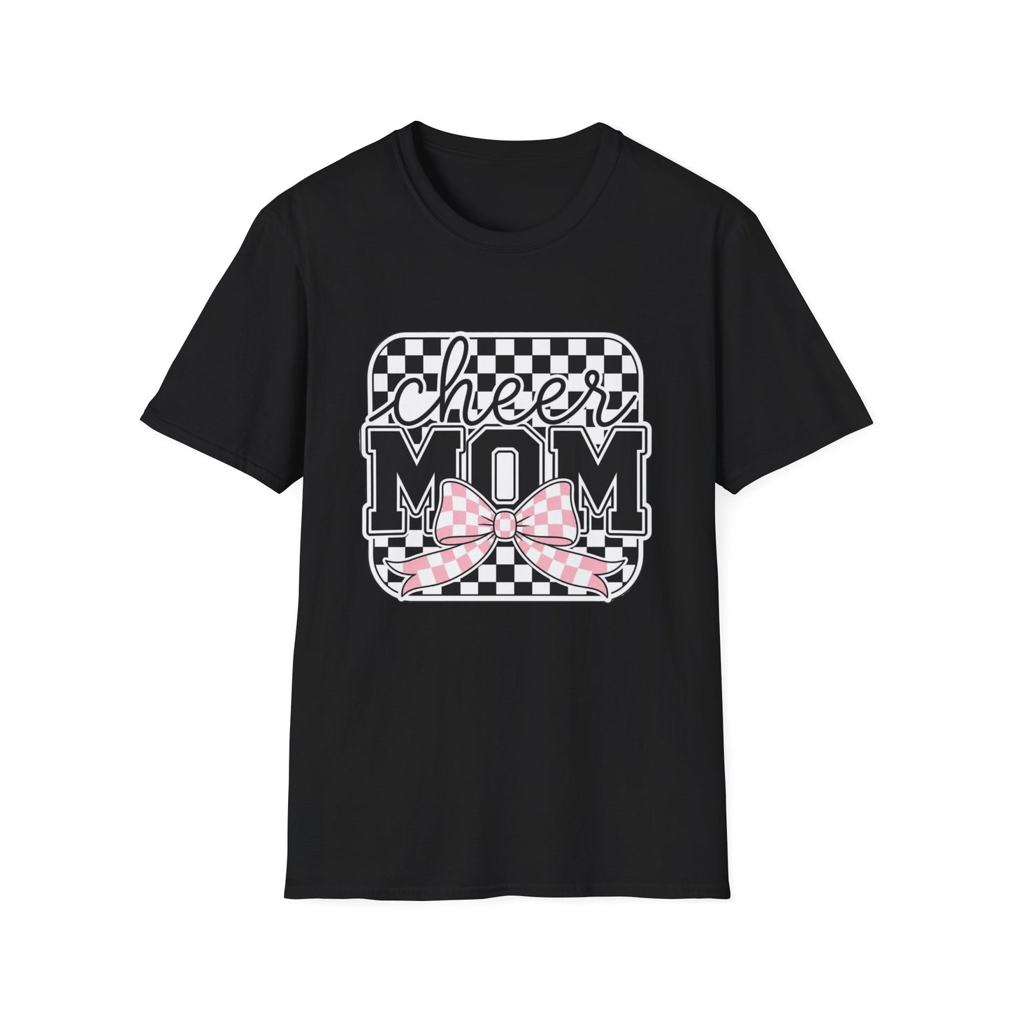 Cheer Mom T‑Shirt — Checkerboard Design with Pink Plaid Bow