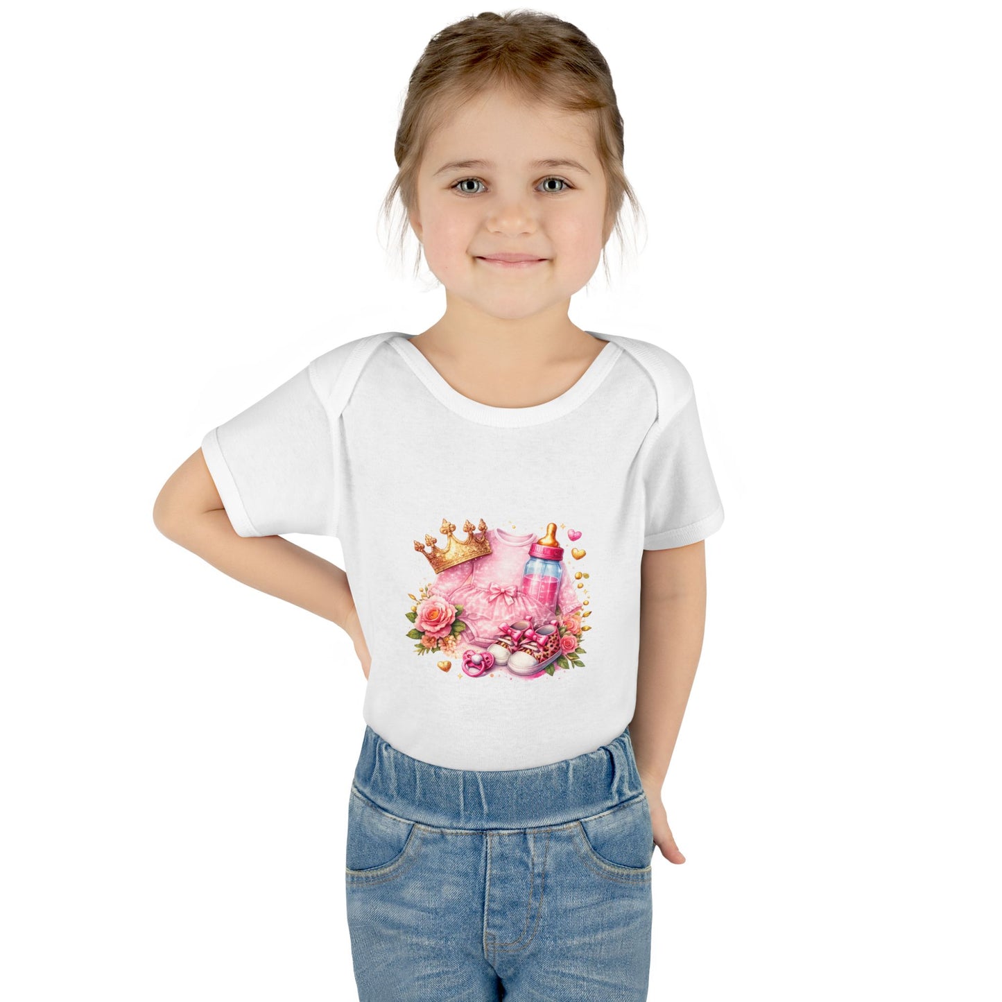Baby Bodysuit – Pink Princess Crown & Bottle Floral Newborn Onesie