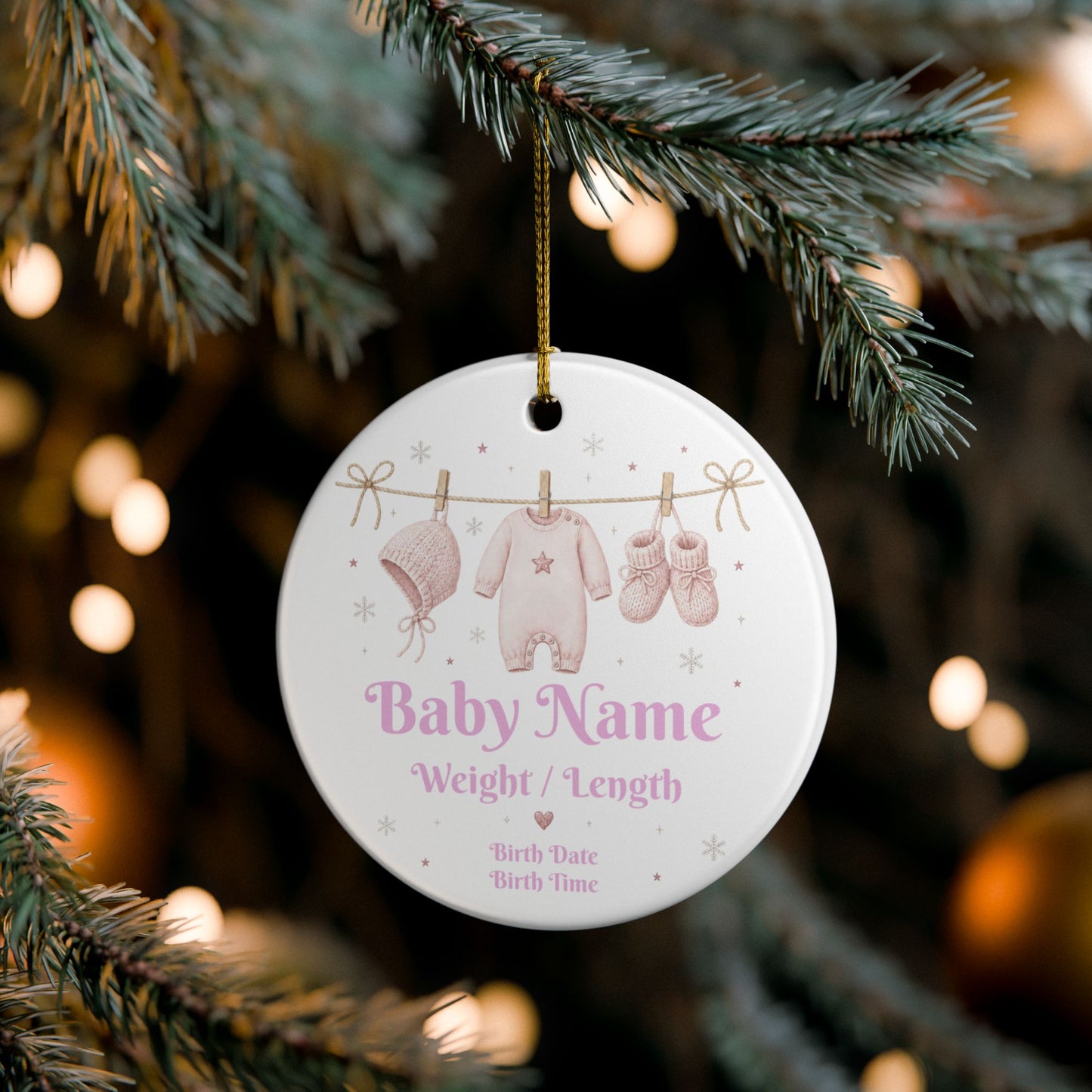 Personalized Baby Ornament — Pink Newborn Keepsake (Name, Weight, Length, Birth Date & Time)