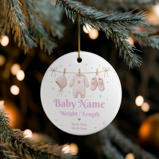 Personalized Baby Ornament — Pink Newborn Keepsake (Name, Weight, Length, Birth Date & Time)