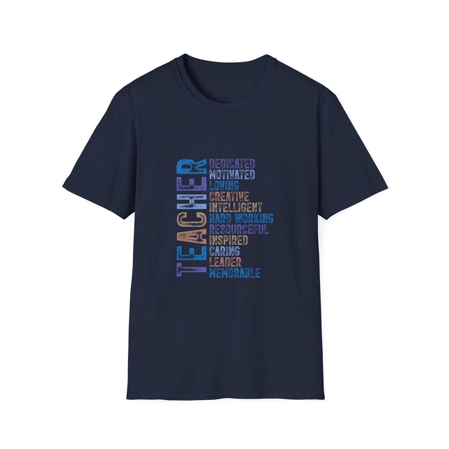 Teacher Vertical Word Cloud T-Shirt — 'Teacher: Dedicated, Motivated, Loving, Creative, Intelligent, Hard Working'