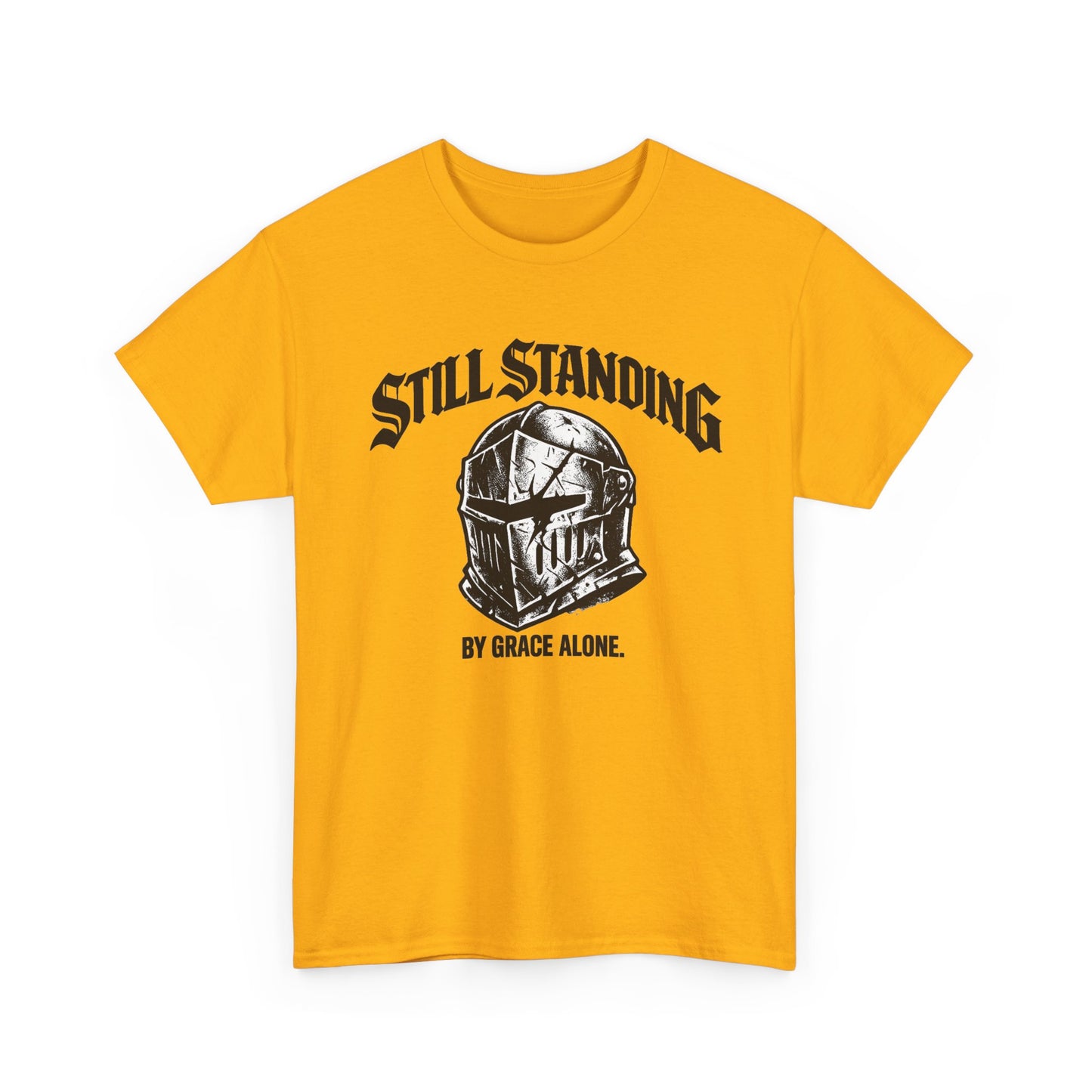 Still Standing Helmet Graphic Tee — "By Grace Alone" Inspirational Knight T‑Shirt