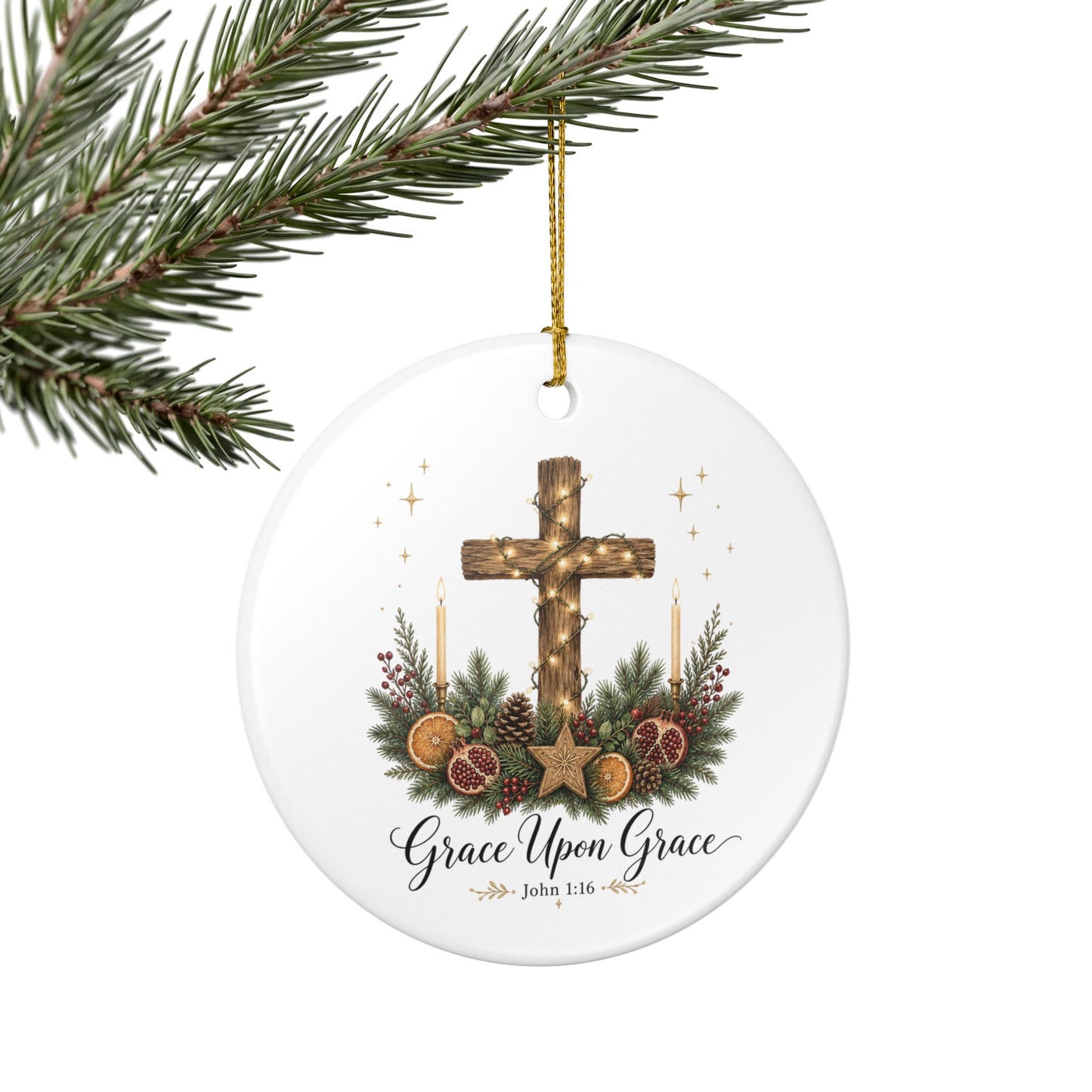 Grace Upon Grace Ceramic Ornament — Christian Cross Christmas Decoration (John 1:16)