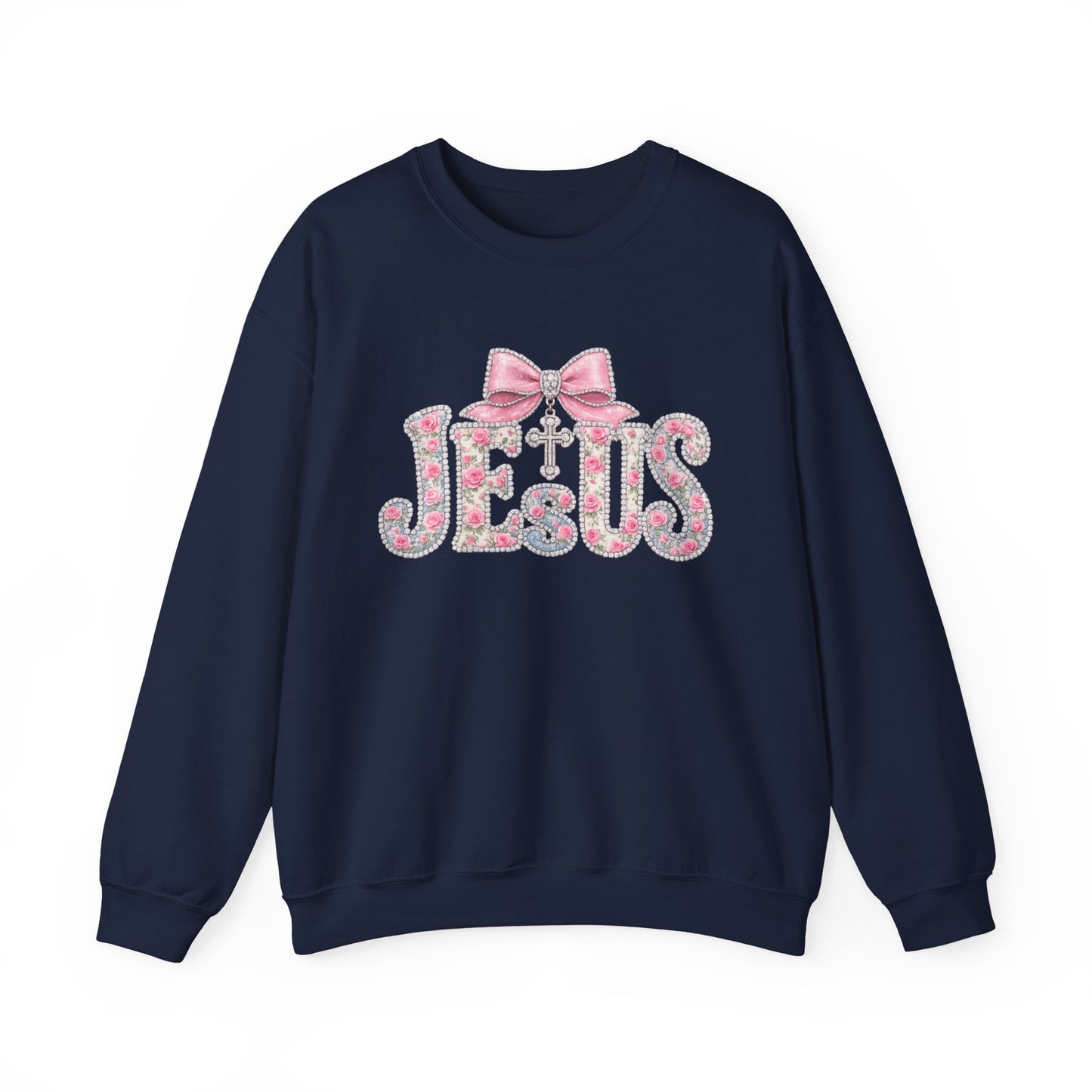 Jesus Floral Bow Crewneck Sweatshirt — Pink Cross Faith Graphic