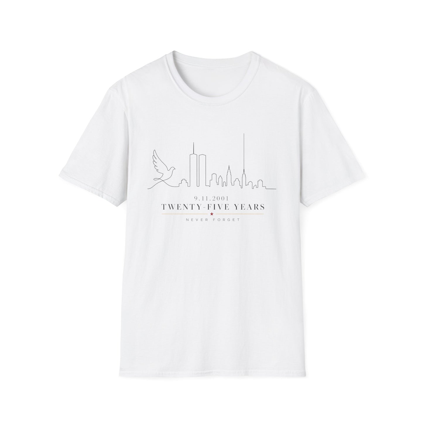 9-11 Memorial T-Shirt — Twenty Five Years NYC Skyline & Dove Commemorative Tee